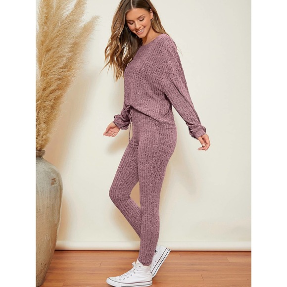 🌟2 piece set: ribbed knit Marled long sleeve Top & Knot Waist Leggings Set gray - Picture 4 of 5